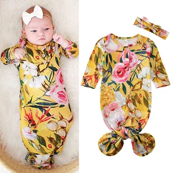 

2020 Newest Hot Baby Bedding Newborn Infant Baby Cotton Swaddle Blanket Wrap Gown Long Sleeve Sleeping Bag Headband 2Pcs Set