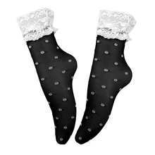 Черный, белый цвет черно-белые носки в Для женщин Винтаж в стиле "Лолита" Стиль оборками, длинные носки с кружевом для детей Женский Летний Шелковый носок оборками прозрачный Dames Sokken