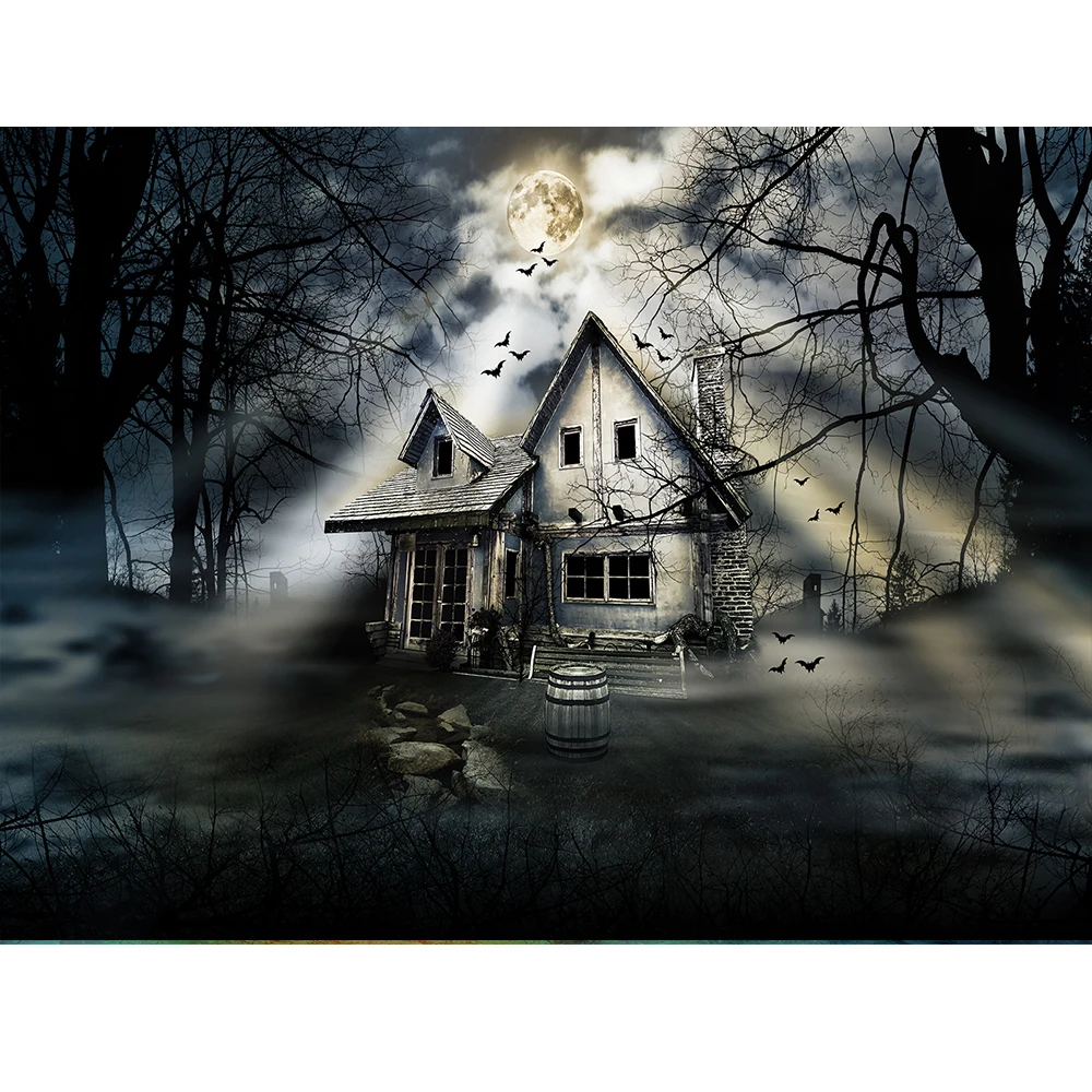

backgrounds for photography studio overcast horrible shabby Haunted house bats wither tree backdrop Halloween photocall