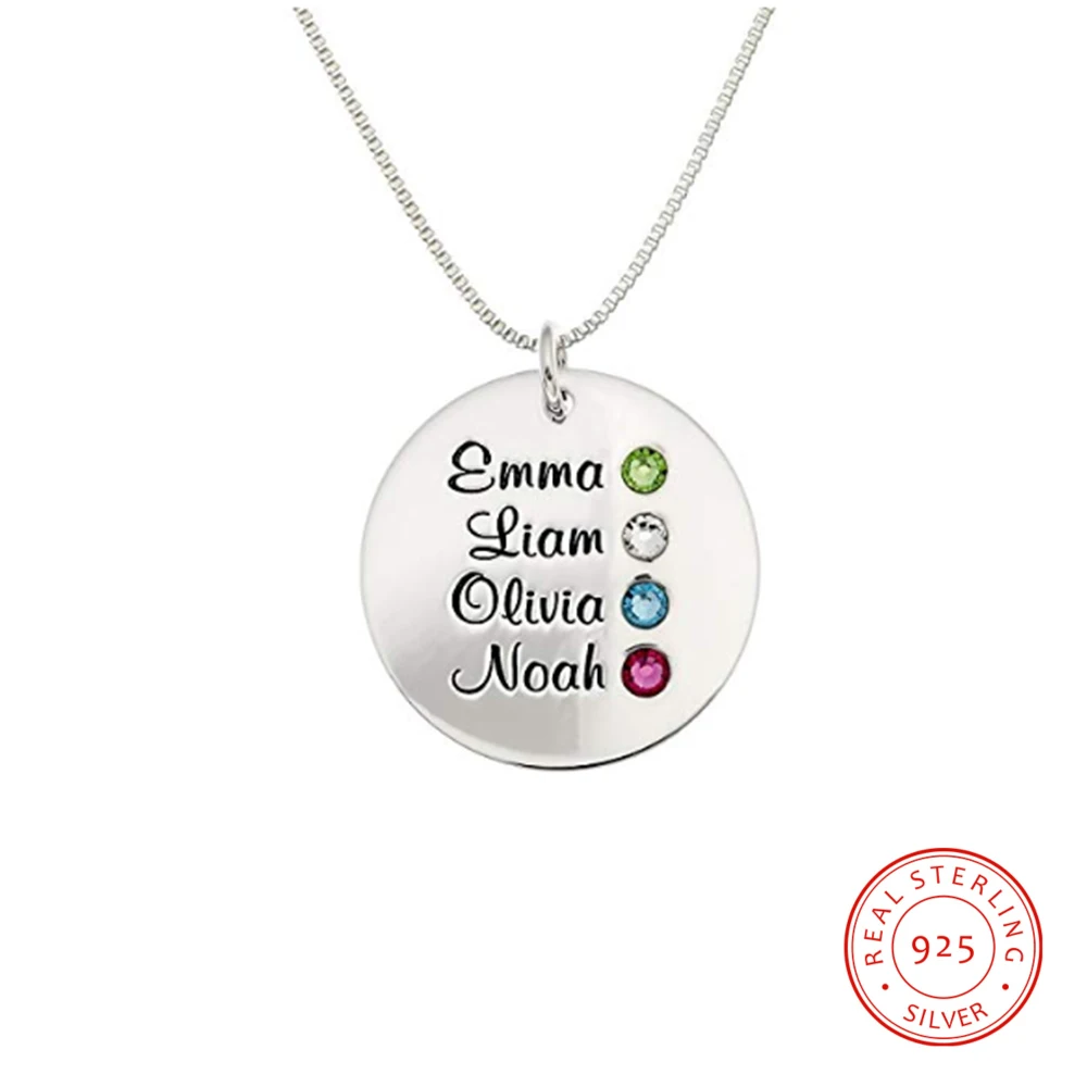 

925 Sterling Sliver Name Necklace Round Pendant Engraved 4 Names Custom BIrthstones Jewelry Fashion Friendship Gift for Women
