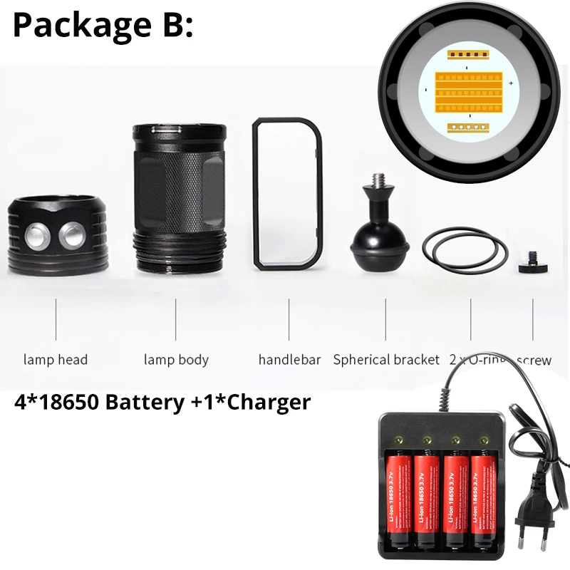 battery and Charger COB дайвинг вспышка светильник видео светильник L2 подводная фотография Точечный светильник светодиодный Дайвинг Фонарь 200 м IPX8 водонепроницаемый - Испускаемый цвет: battery and Charger