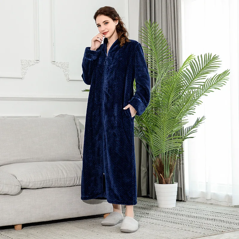 Новинка, бархатный халат на молнии, осень и зима, большие размеры, ночная рубашка для мужчин и женщин, утепленная Пижама, фланелевая домашняя одежда - Цвет: woman navy blue