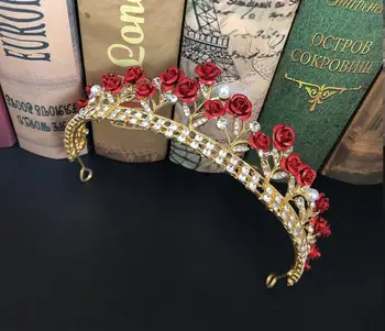 

Women Girls Birthday Party Tiaras Crowns Bride Wedding Red Rose Flower Shining Crystal Headband Girls Hair Accessories