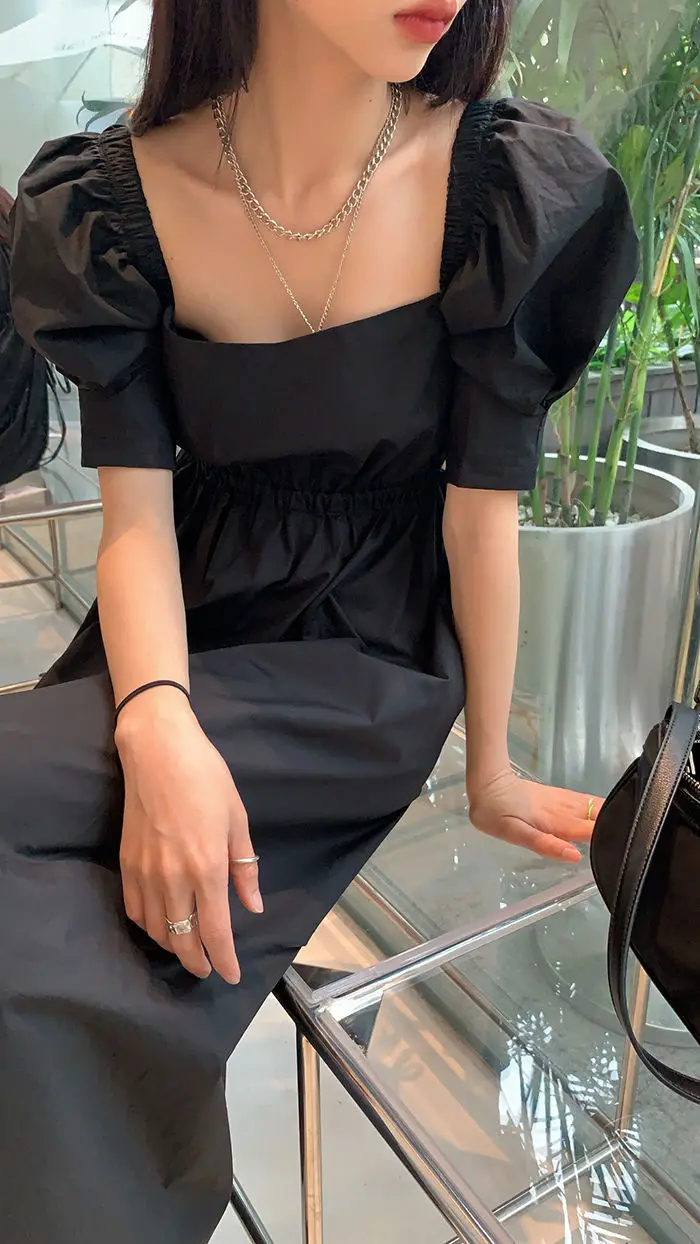 Dresses Women Puff Sleeve French Style Summer Newest Design Black Office Lady Simple Vestido Midi Square Collar Elegant Retro black dress for women