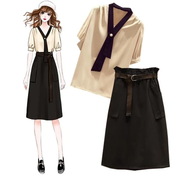 

plus size Summer office lady two piece set for women chiffon blouse and cotton skirt set women workwear outfits ladies OL suits