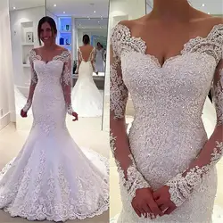 Элегантное Атласное кружевное свадебное платье русалки высокого качества на заказ с v-образным вырезом свадебное с длинными рукавами