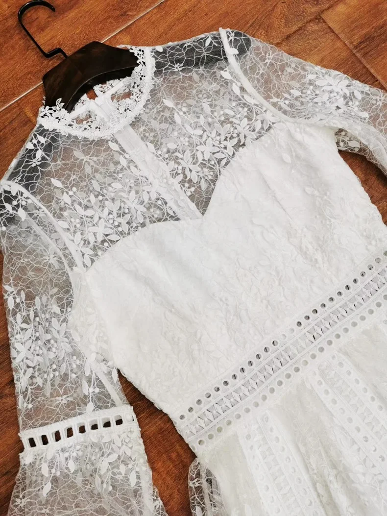 Цянь Хан Цзы весна лето бренд Макси платье женское фонарь рукав кружево вышитая аппликация вырез элегантное белое длинное платье
