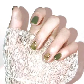 

24pcs Full Cover Short Square press on Nails Fresh Green Gradient Color with 3D Decoration artificial nails with glue for girls