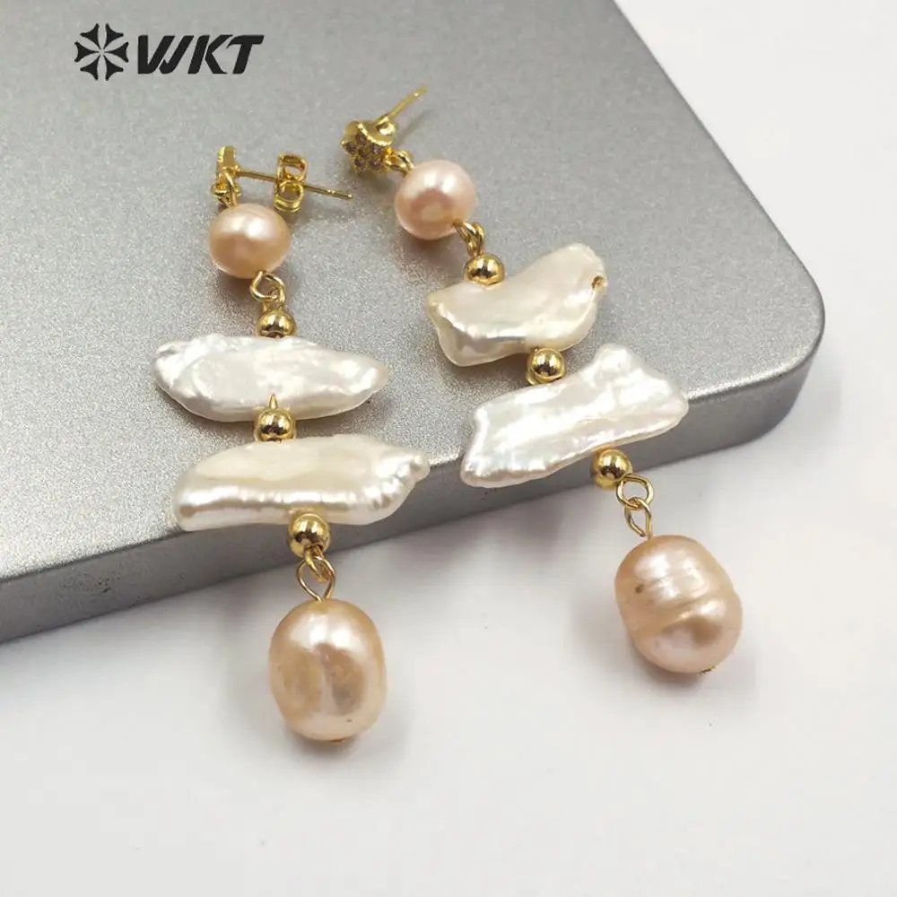 WT-MPE015 Exclusive Design New Freshwater Baroque Pearl Dangle Earrings Women Precious Gold Handmake Royal Style Decoration