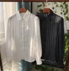 Women White/Black Contrast Stripe Multi Buttoned Micro-transparent  Blouse Shirt - Ladies Long Sleeve Lapel Top 1