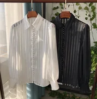 Women White/Black Contrast Stripe Multi Buttoned Micro-transparent  Blouse Shirt - Ladies Long Sleeve Lapel Top 1
