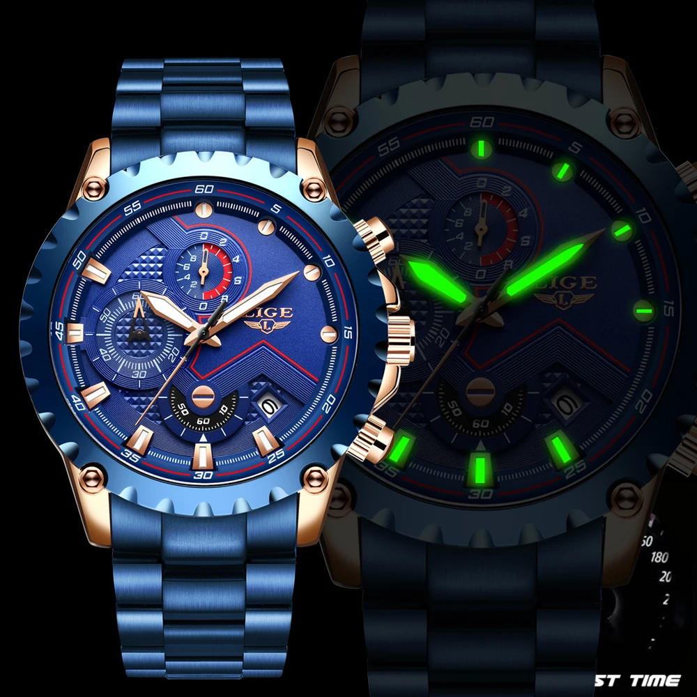 

NewLIGE Fashion Blue Watch Stainless Steel Mens Watches Top Brand Luxury Waterproof Quartz Watch Men Date Dial Sport Chronograph