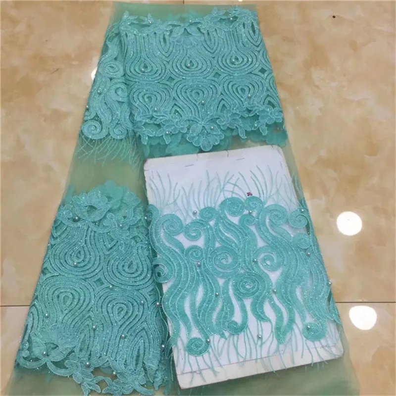 Latest Nigerian Tulle Lace 2019 French Net Beaded sequins green Fabric For Wedding Embroidery African | Дом и сад