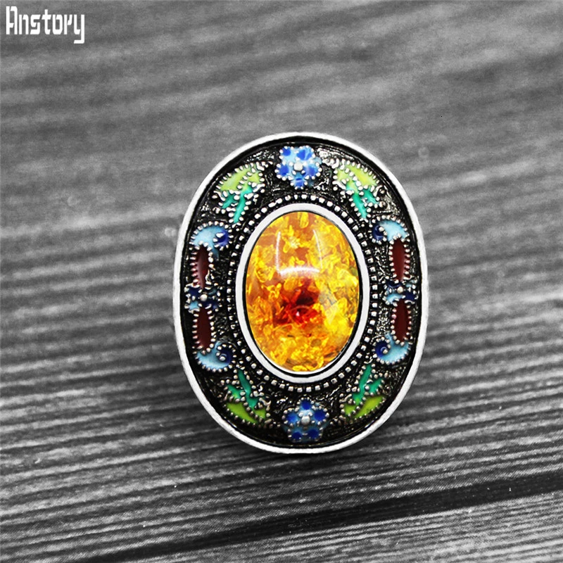 Synthetic amber Винтаж Овальный Кварц Lapis кольца для женщин Богемия живопись Ремесло Цветок Завод натуральный камень Мода регулируемое кольцо - Цвет основного камня: Synthetic amber