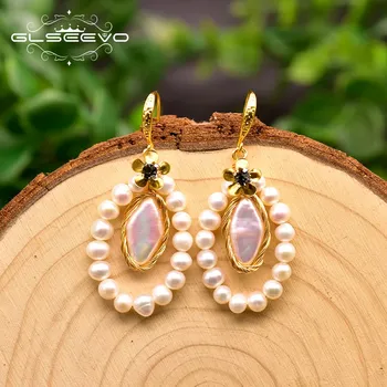 

GLSEEVO Natural Fresh Water White Pearl Long Earrings in Drop Earrings For Women Wife Wedding Aretes De Mujer Jewelry GE0824