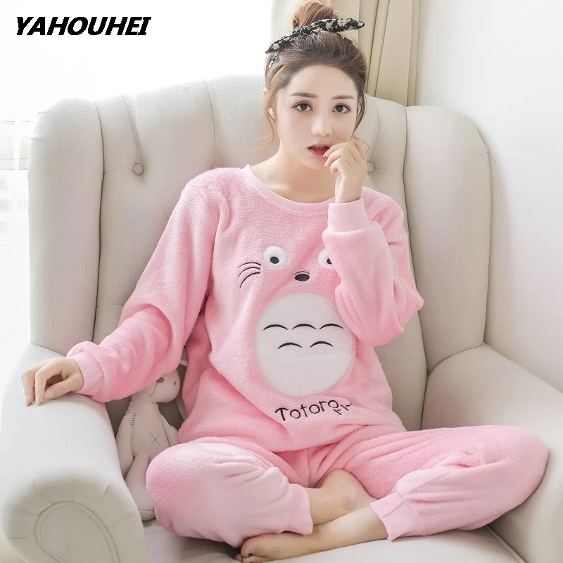 longmaorong pink Пижама женская зимняя Толстая фланелевая теплая Пижама комплект цветочный принт длинный рукав полный брюки из двух частей Топ Мода - Цвет: longmaorong pink