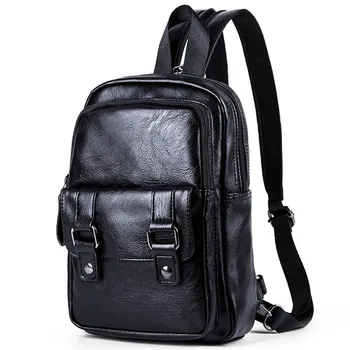 

2020 High quality PU Oil wax leather Chest Bag men's backpack Small black backpack Fashion Men Travel Backpack bag male bag