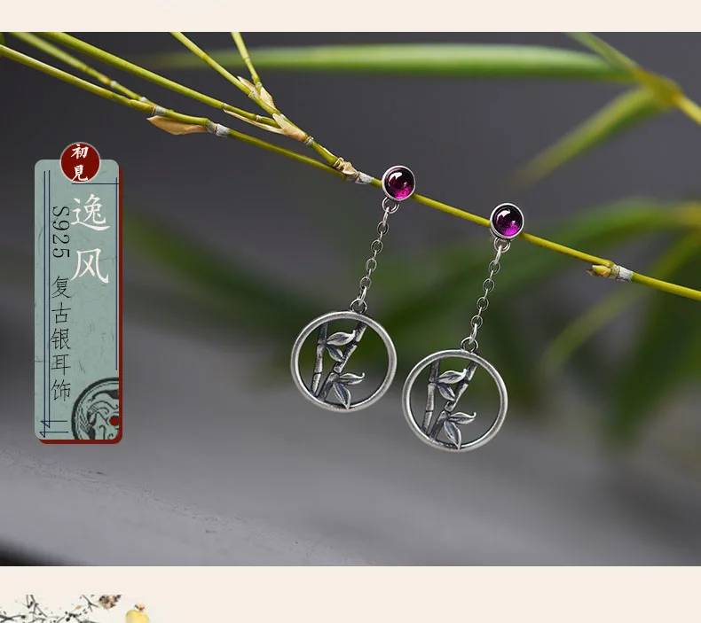 New original design vintage bamboo silver earrings for women girl,ethnic sterling chrysoprase drop long earrings jewelry