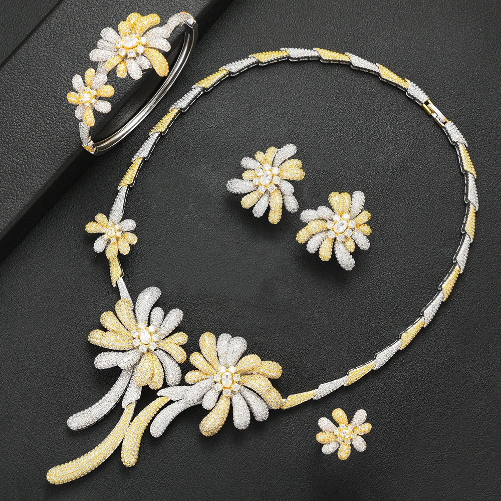 

SISCATHY Famous Brand Charms Flower Two Florwer Jewelry Sets For Women Luxury Nigerian Dubai Cubic Zircon Wedding Bridal Jewelry