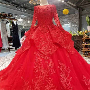 

BGW 22028ht Red Evening Dresses 2020 O-neck Long Tulle Sleeve Lace Up Back Bride Wedding Party Dress Ball Gown Celebrate Dresses