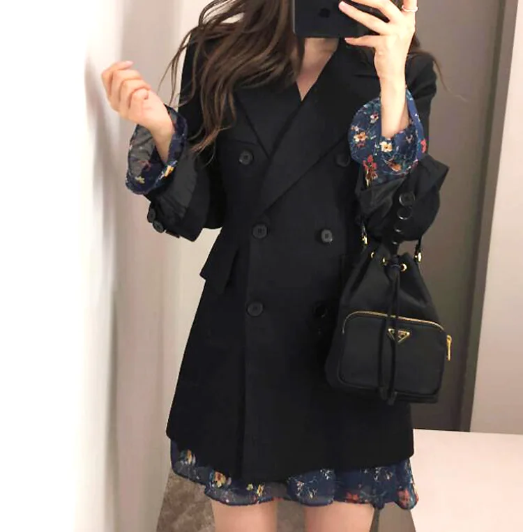 Женский блейзер и куртка Femme осеннее женское офисное женское корейское повседневное черно-белое двубортное пальто с длинной талией