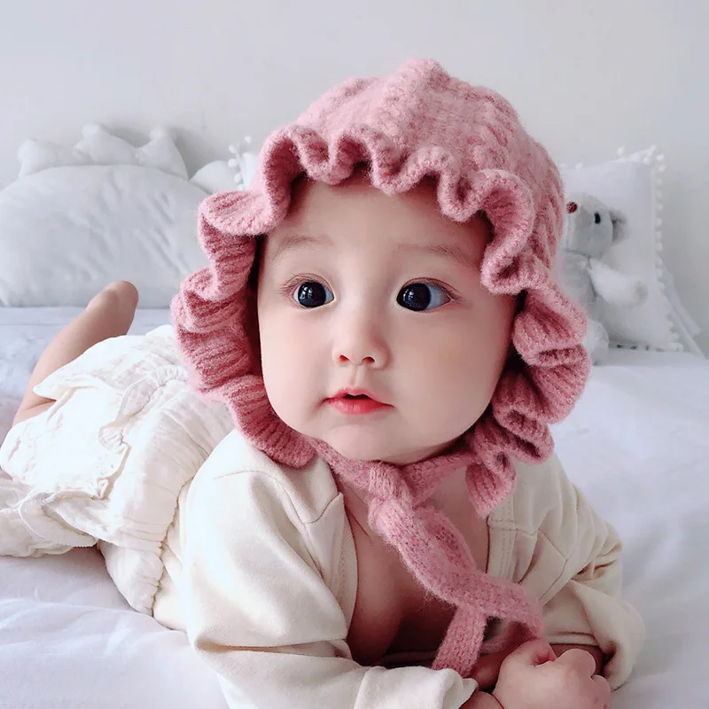 Princess Baby Girl Hat Laciness Knit Winter Newborn Hat Baby Bonnet Enfant  Hats Kids Cap for Girls Warm Baby Beanie Cap