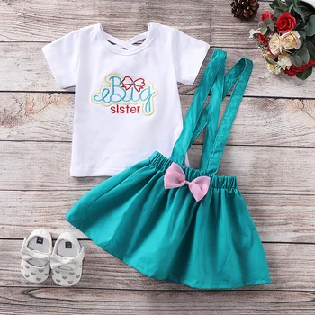

Breathable Summer Clothes Set Baby Letters Embroidery O-Neck Daily Tops Princess Cute Bowknot Suspenders Skirts Outfits Suit#37