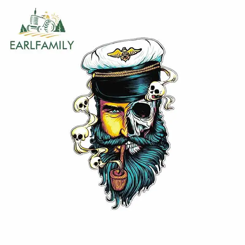 

EARLFAMILY 13cm x 8.1cm for Captain Half Skull Abstract Sailor with Beard Pipe Car Stickers Vinyl Sunscreen RV VAN JDM Graphics