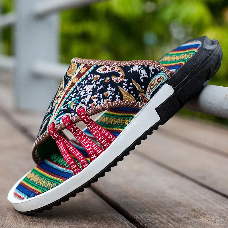 

Retro Men's Flip Flops Summer Printed Mens Casual Slipper New Arrivals Indoor Canvas Loafers Shoes Non-slip 2020 Chanclas Hombre