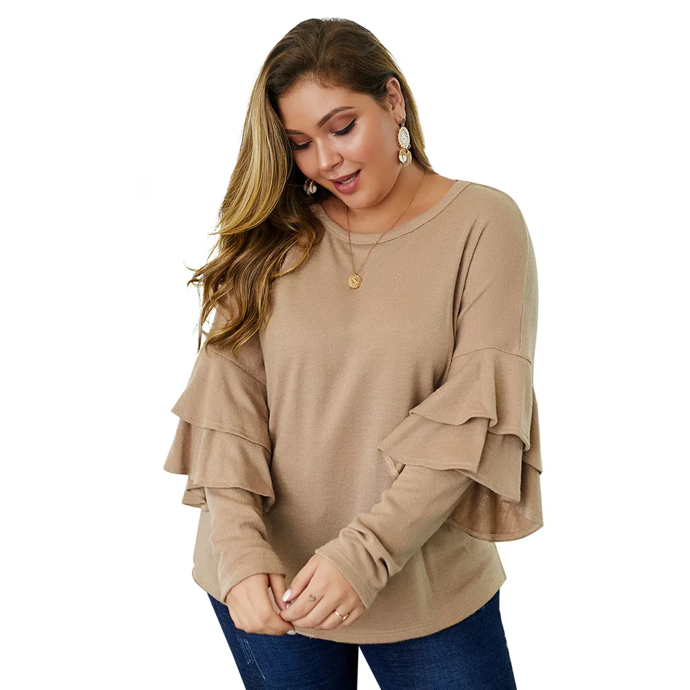 

2019 Autumn Winter Knit Blouse Women Ruffles Long Sleeve Solid Casual Blouse Loose Oversized Plus Size Ladies Tunic Tops