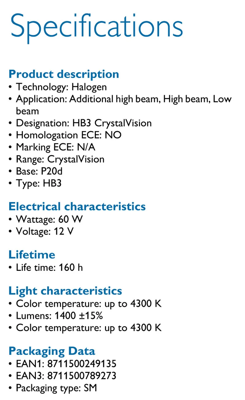 Philips 9005 HB3 12V 60W Crystal Vision 4300K галогенная яркая белая лампа для фары авто оригинальная УФ-стойкая 9005 CVSM, пара
