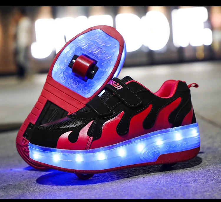 Children Boys Luminous Glowing White Sneakers with Double Two Wheels Roller Skate Shoes Adult Kids USB Charging Shoes Pink Girls best children's shoes