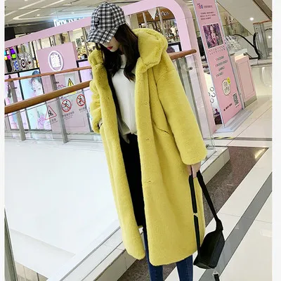 yellow Зимнее женское высококачественное пальто из искусственного кроличьего меха роскошное длинное меховое пальто Свободное пальто с капюшоном толстое теплое плюшевое пальто больших размеров - Цвет: yellow