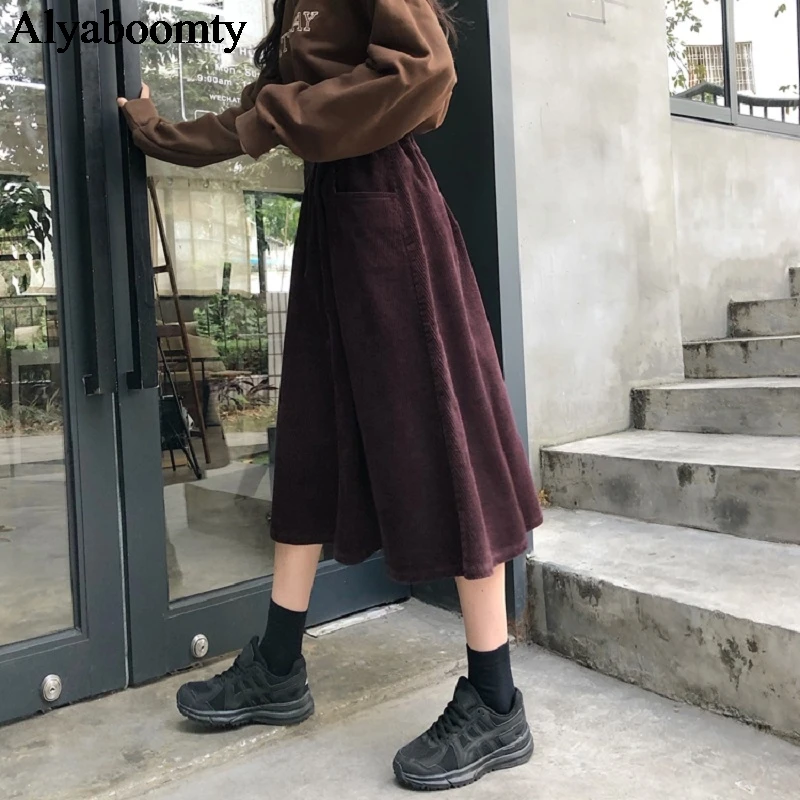 Japanese Mori Girl Autumn Winter Women Midi Skirt High Waist Solid Corduroy Jupe Femme Elegant Vintage Loose Pockets Chic Saias