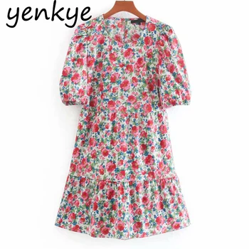 

Multicolor Floral Print Dress Vintage Women Round Neck Short Sleeve Sundress A-line Mini Casual Summer Dress vestido CCWM9642