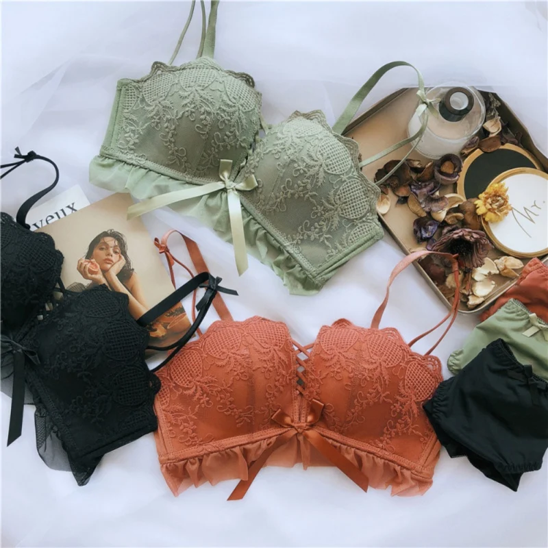 

Seamless Women Bra Set Push Up Mesh Embroidery Wire Free Lace Side Bow Bralette Lingerie Mid Waist Brief Intimate Set