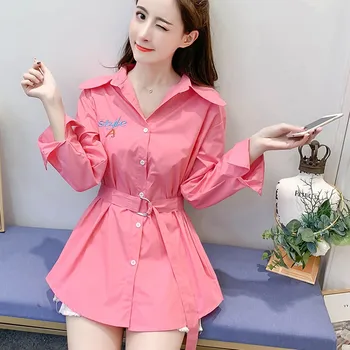 

Women Lapel Shirt Letter Embroidery Blouse Mid-long Lace-up Shirts With Belt Blusas Mujer De Moda