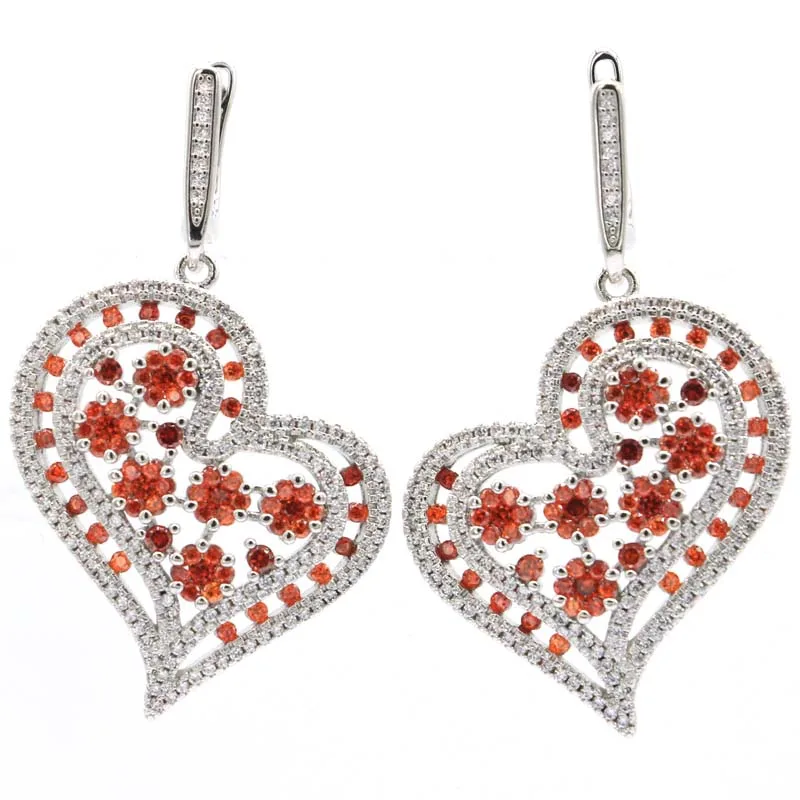47x30mm Fancy Heart Shape Created Orange Spessartine Garnet Bright Zircon Ladies Silver Earrings | Украшения и аксессуары