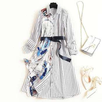 

Fashion Europe Plius Size Korean Office 2020 Autumn Printed Striped Single-Row Buckle Long Sleeves Sashes Stitching Women Dress