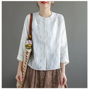 

2020 Spring new ladies top round neck cotton and linen long sleeve fashion retro placket embroidery solid color linen shirt