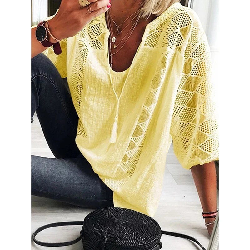 2021 nuevo verano blusa de las mujeres hueco Casual mujer camisa de moda sólido jersey con cuello en V de Mujer Tops blusa de talla grande 5XL