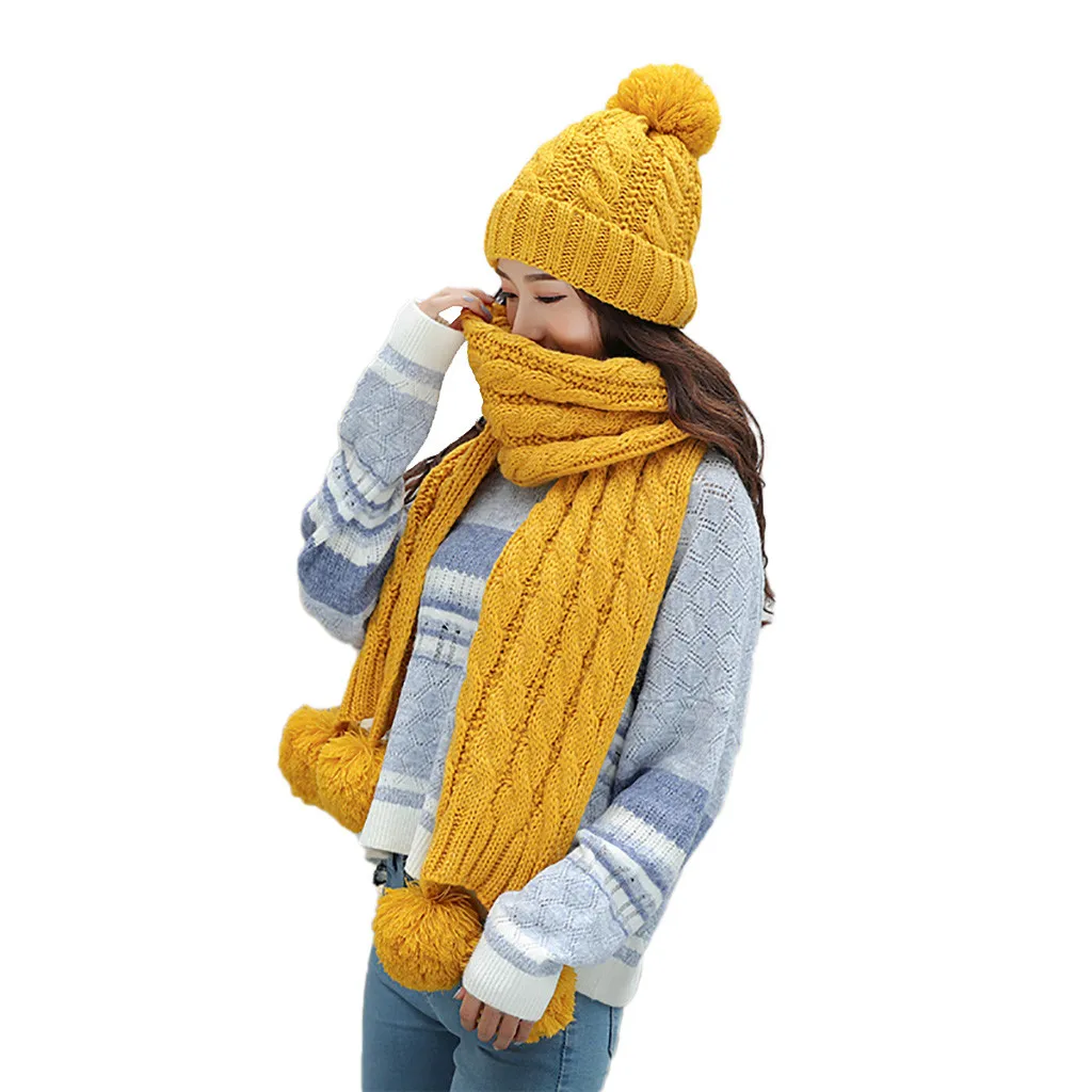 Adult Women Men Winter warm Knit Hat Solid Color Scarf Hairball beanie with pompom Casual Solid winter hats for women
