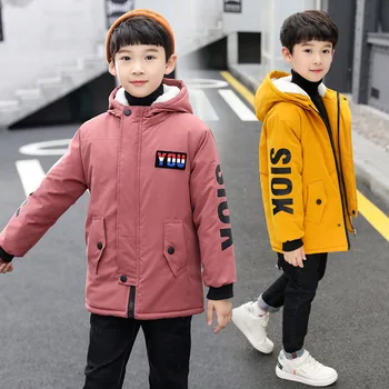 

Winter Parks Coat for Boys Hooded Children's Fleece Inside Thicken Warm Jacket Autumn Teenager Kids Windproof Outerwear Clothes