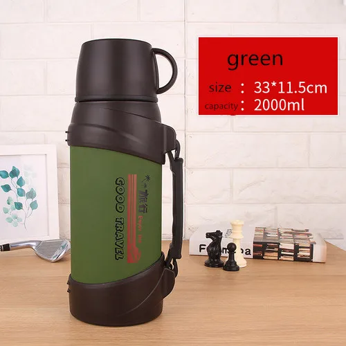 Green 2000ml 304 термос большой емкости из нержавеющей стали, 1200 мл, 1500 мл, 2л, для машины, для путешествий, портативная бутылка-термос л - Цвет: Green 2000ml