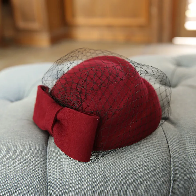 

Elegant Fascinators Derby Hats Pure Australian Wool English Shell Hat With Mesh Red Black Fall/Winter Hat For Women Church Wear