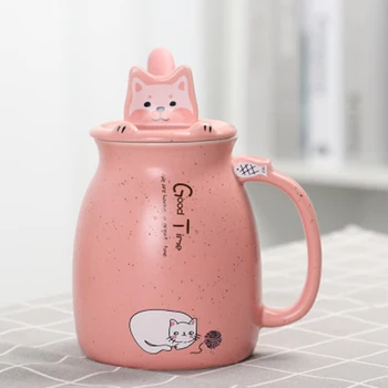 

New 500mL Cartoon Cat Mug With Lid and Spoon Cute 4 Colors Handle Cat Coffee Milk Tea Breakfast Ceramics Cup Gift for Girlfriend