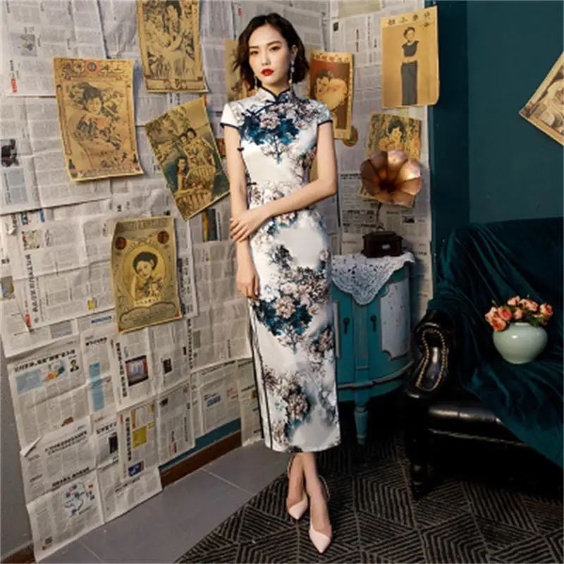 Модный цветочный принт винтажный китайский воротник Qipao Новинка тонкий короткий рукав Улучшенный чёнсам Vestidos плюс размер S-4XL - Цвет: 5502