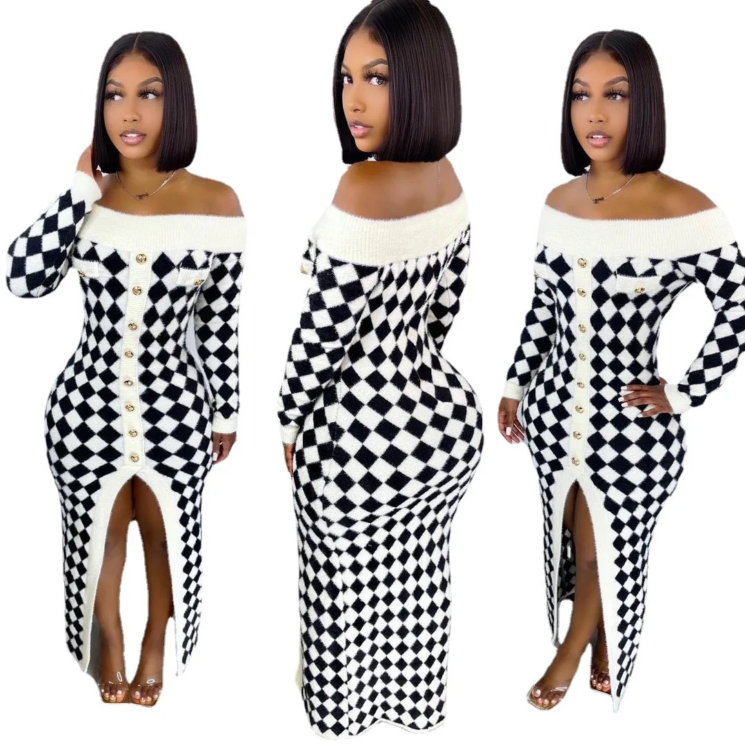 Wepbel Houndstooth Sweater Dress Women 