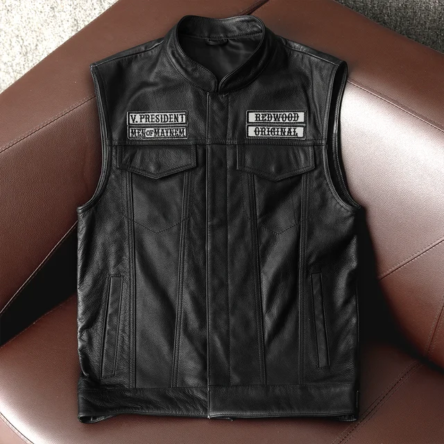 Collarless Sons Of Anarchy Cut Off Cowhide Leather Vest Biker