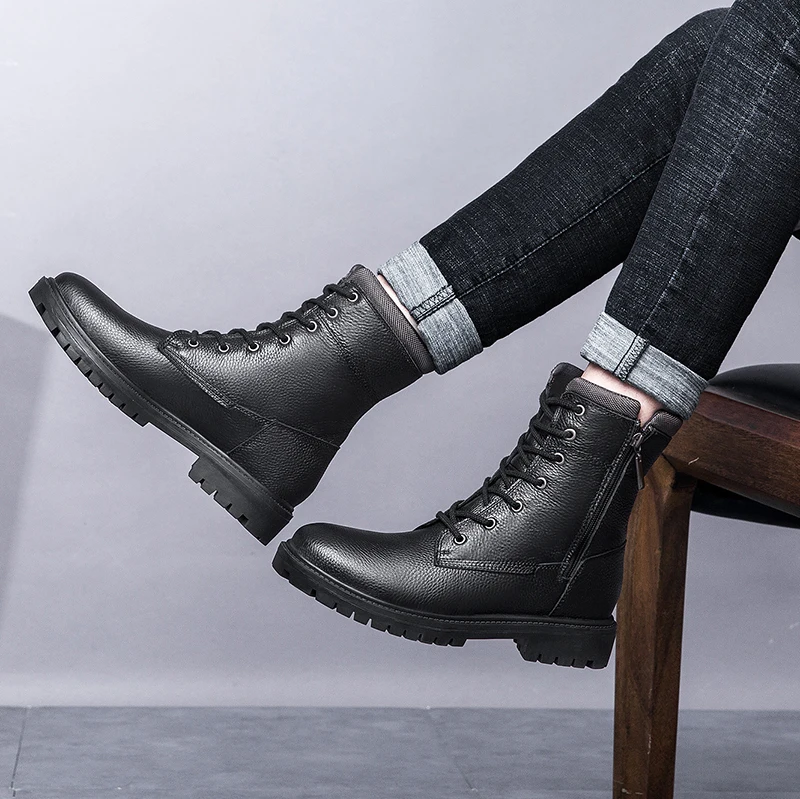 Men's Motorcycle Boots Martin boots black Autumn And Winter High Boots Fashion Boots High Round Toe lace-Up With Zipper Boots